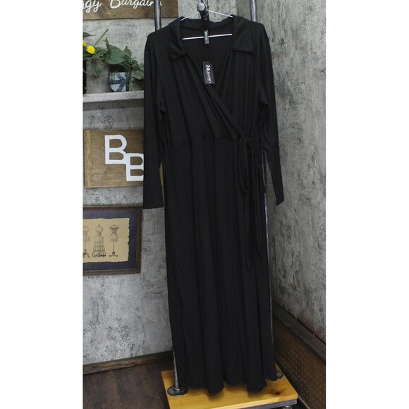 NWT 24Seven Comfort Apparel Womens Knit Belted Faux Wrap Dress Black 1X - Picture 1 of 5